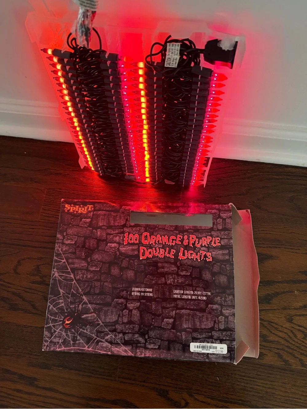 Spirit Halloween 100 Orange and Purple Double Lights set 25.5 feet New